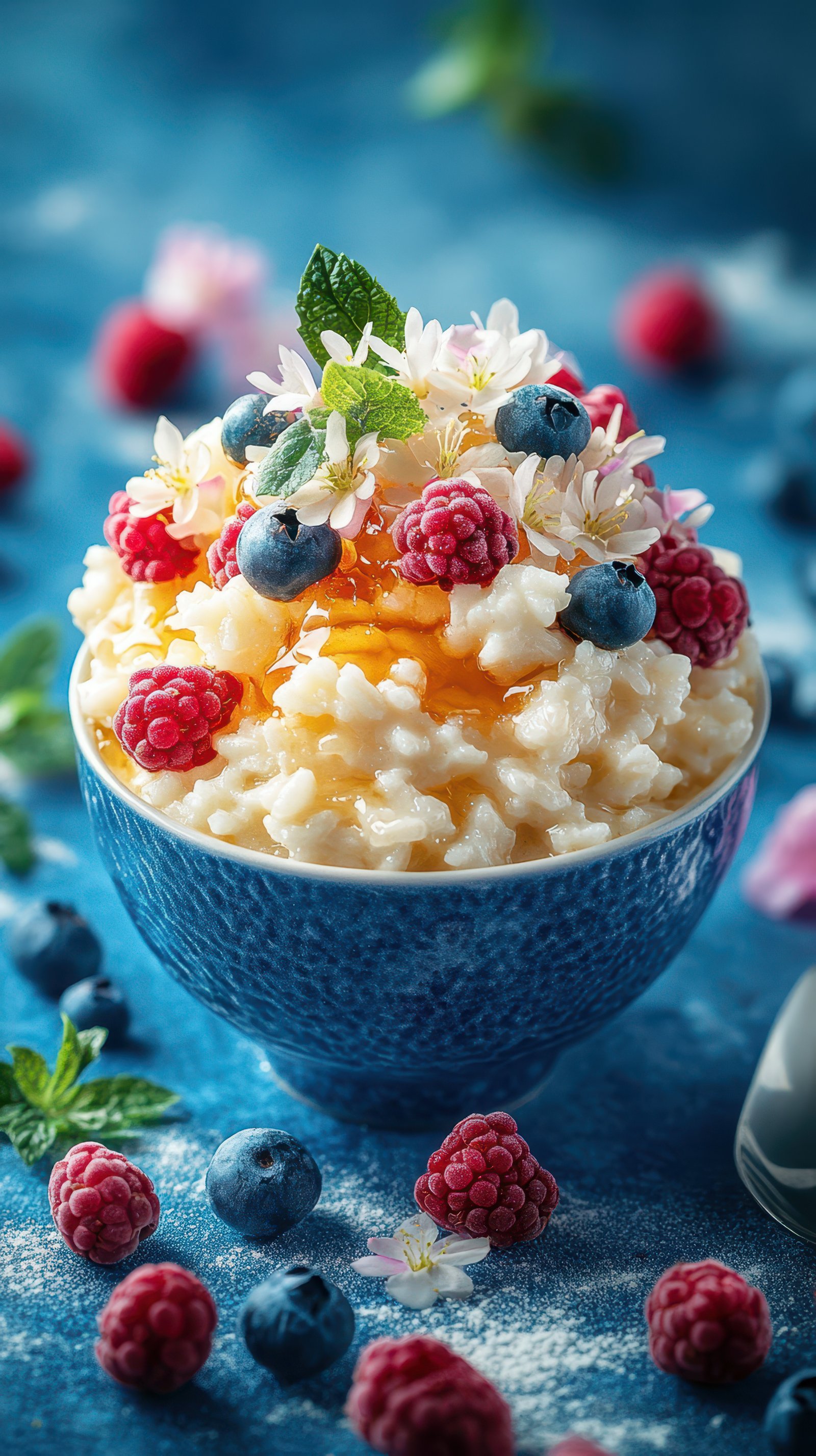 Delicious dessert bowl with rice pudding topped with fresh berries and edible flowers in a vibrant setting